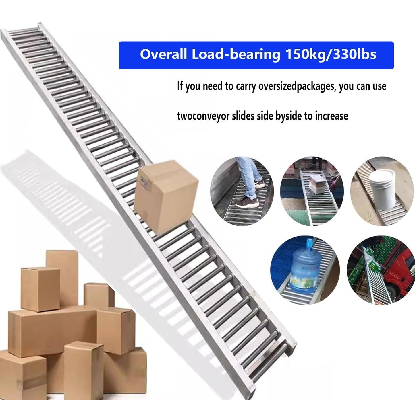 Folding Unpowered Conveyor Slides - 330 lbs Capacity, Durable Stainless Steel Rollers, 30/40/50/60cm Widths, Heavy-Duty Wear-Resistant Design, 9M/29.5FT Length