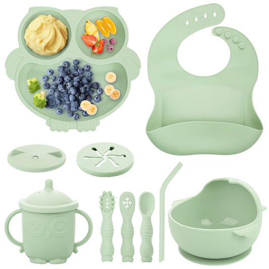 Bnditeu Baby Weaning Set, Silicone Feeding Set(10 Pcs), Toddler Set with Adjustable Bib, Suction Bowl, Plate, Fork, Spoon, Water & Snack Cup Kit, Led Kit for Babies, and Kids Green GJTZ-04