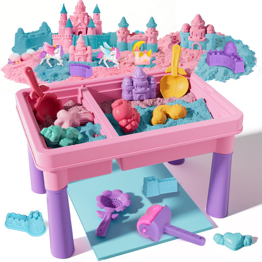 Lehoo Castle Unicorn Sensory Table with Sand, Indoor Outdoor Sand Table with Lid for Toddlers Kids, Upgraded Adjustable Legs, Red & Blue Play Sand Art Kit, Preschool Learning Activities Gifts