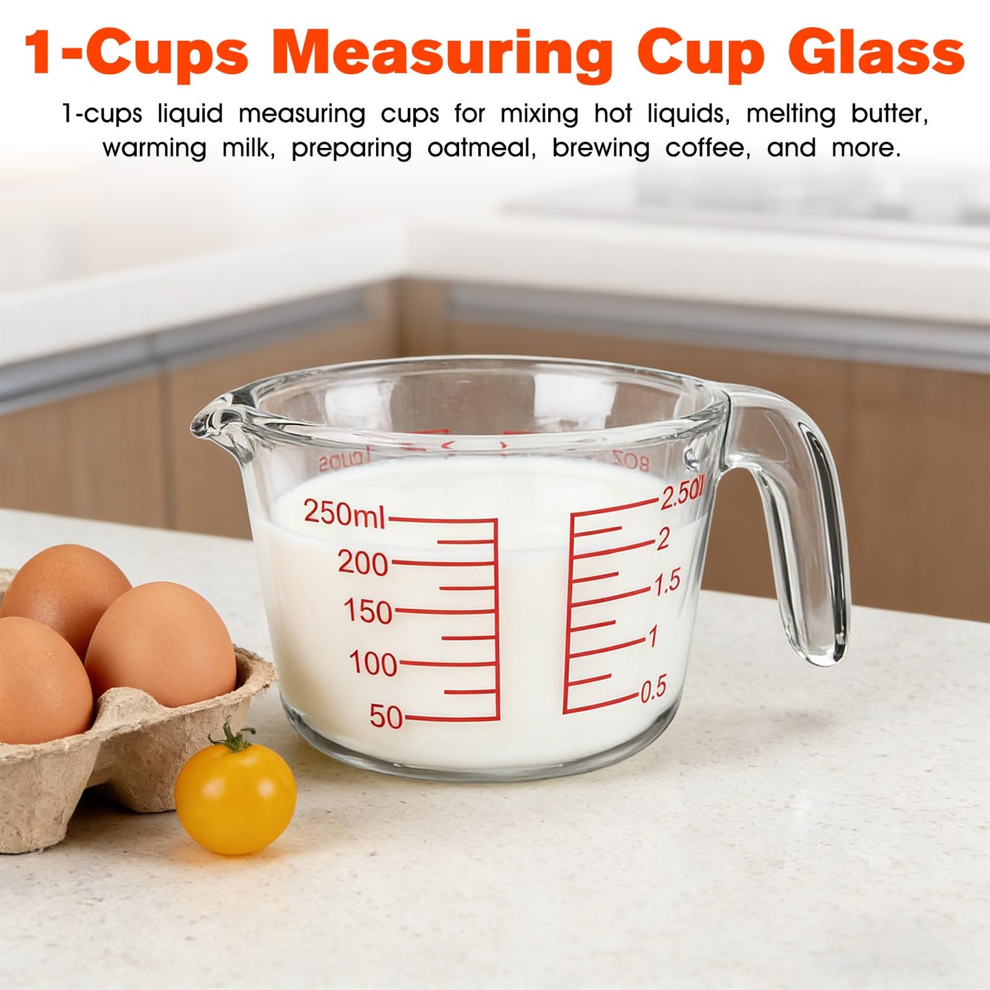 1 Cup Glass Measuring Cups,Clear Borosilicate Glass Liquid Measuring Cup for Kitchen & Baking Microwave Oven Dishwasher Safe Measuring Cups,8 oz/250ml Glass Measuring Cup