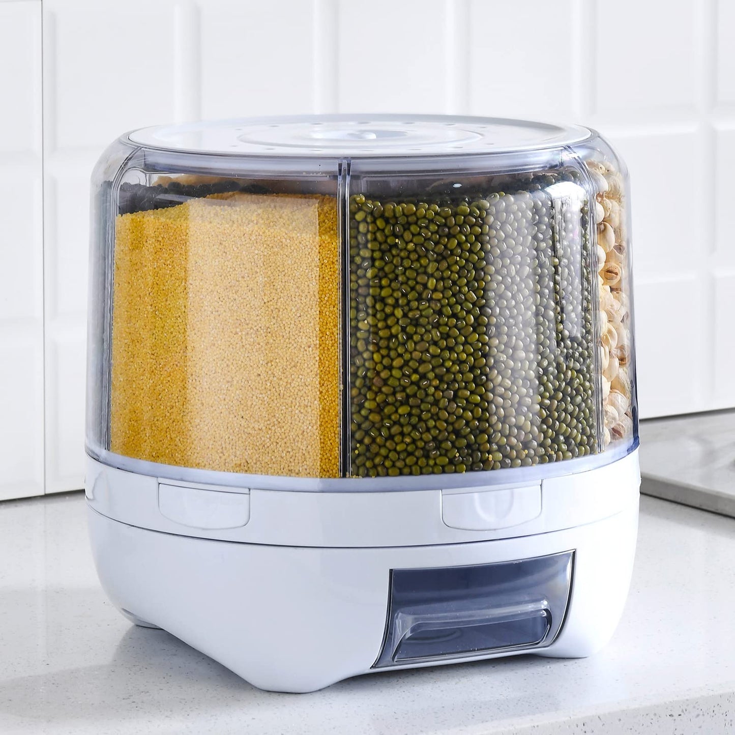 XIYAO 20Lbs large Grain dispenser 360°Rotating Rice Food Dispenser 6 Grids rice container rotatable Beans Containers Storage with Sealed lid for Peanut Barley Millet and Cereal