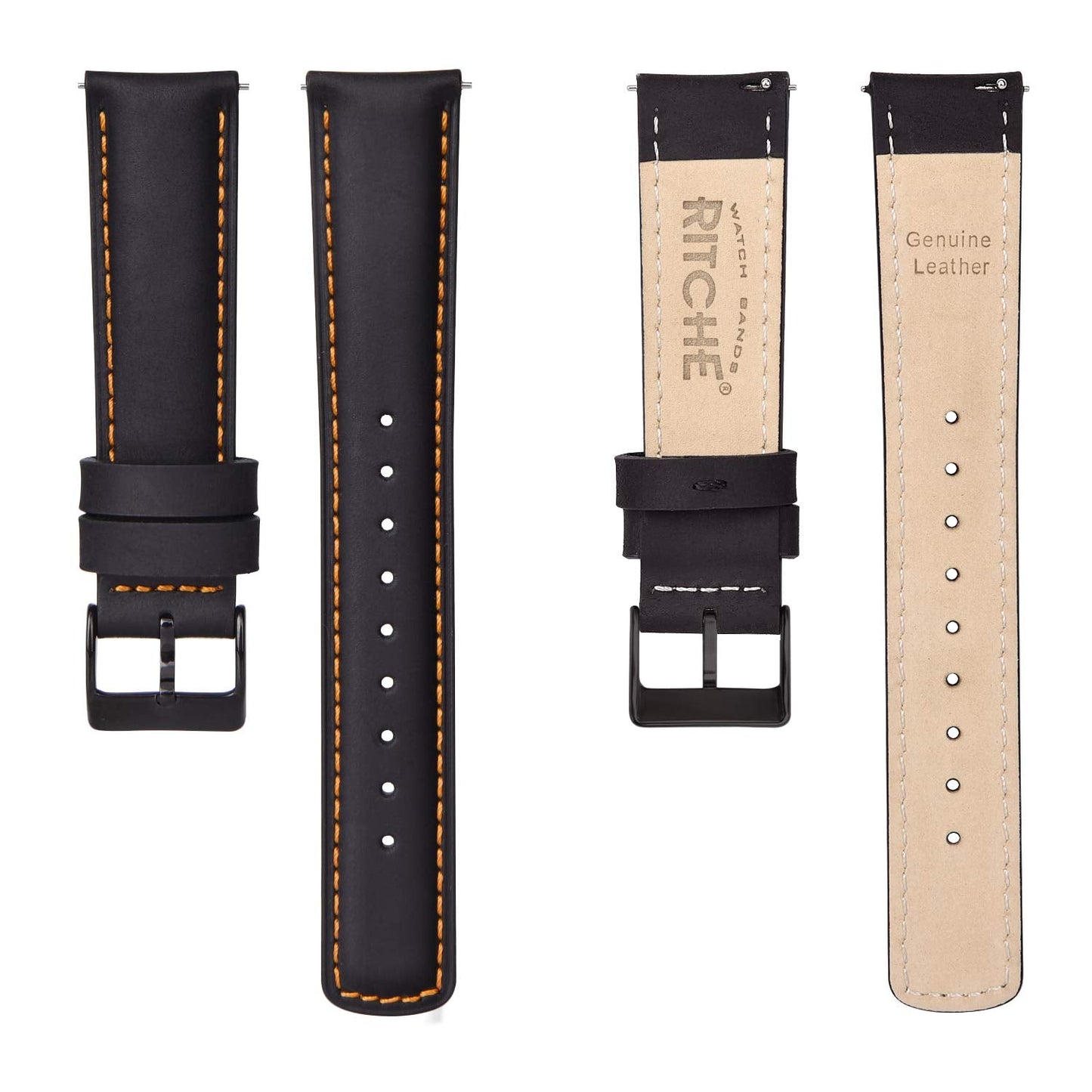 Ritche Christmas Gift 18mm Watch Band Compatible with Timex Expedition Fossil Seiko Leather Watch Bands for Men Women Black Watch Strap Orange Stitching, White Elephant Gifts, Stocking Stuffers for Men, Father's Day gifts