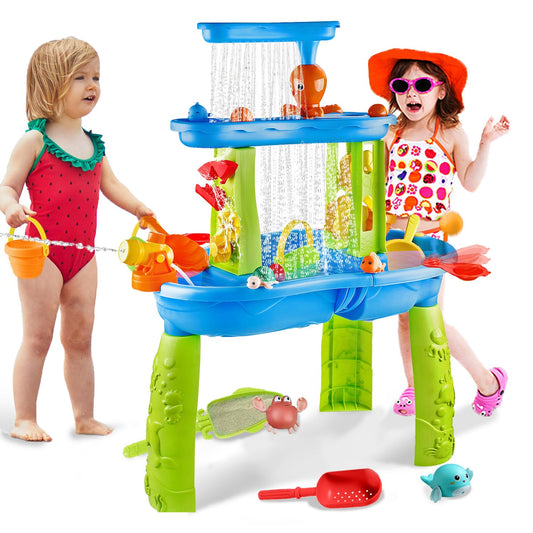 YAZ&OUZ Water Table for Toddlers 1-3, 3-Tier Kids Water Table, Water Tables for Toddlers 3-5 Features Swimming Crabs & Dolphins, Rain Showers Splash Pond, Activity Sensory Play Table for Boys Girls