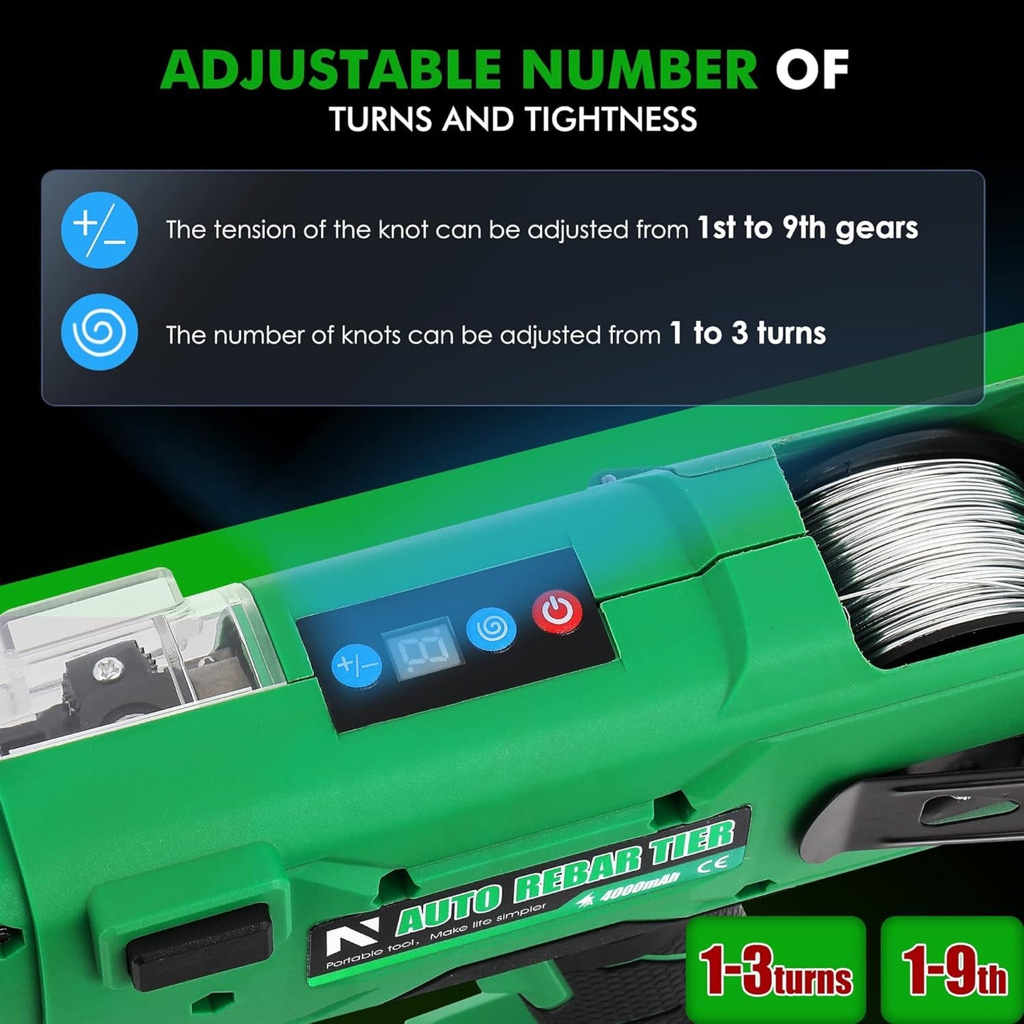 NEWTRY Cordless Rebar Tying Gun with 2x2000mAh Batteries, Automatic Rebar Tier Tool for 0.3" to 1.33" (7-34mm) Steel Rebar, Portable Electric Rebar Tie Tool
