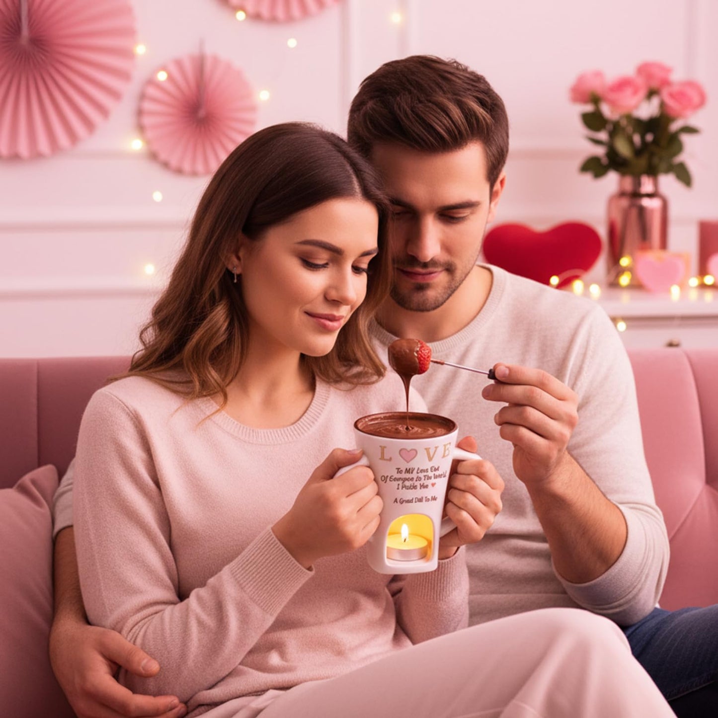2 PCS Chocolate Fondue Mug with 2 Fork and 4 Candle, Ceramic Chocolate Melting Cup Ideal Couple Gifts Date Night Wedding Gifts