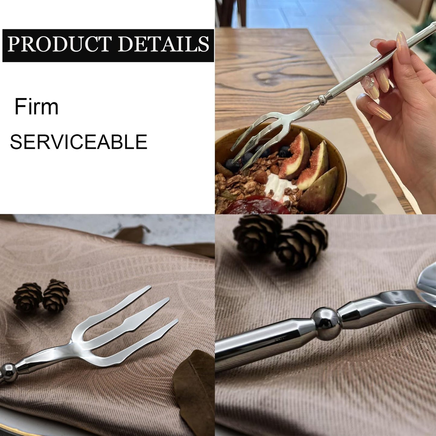 CHENSHUO Stainless Steel Dinner Fork,Meat Cooking Gourmet Steak Round Handle Long Handle Fork Used In Kitchen Restaurant,2 Pieces,Silver.