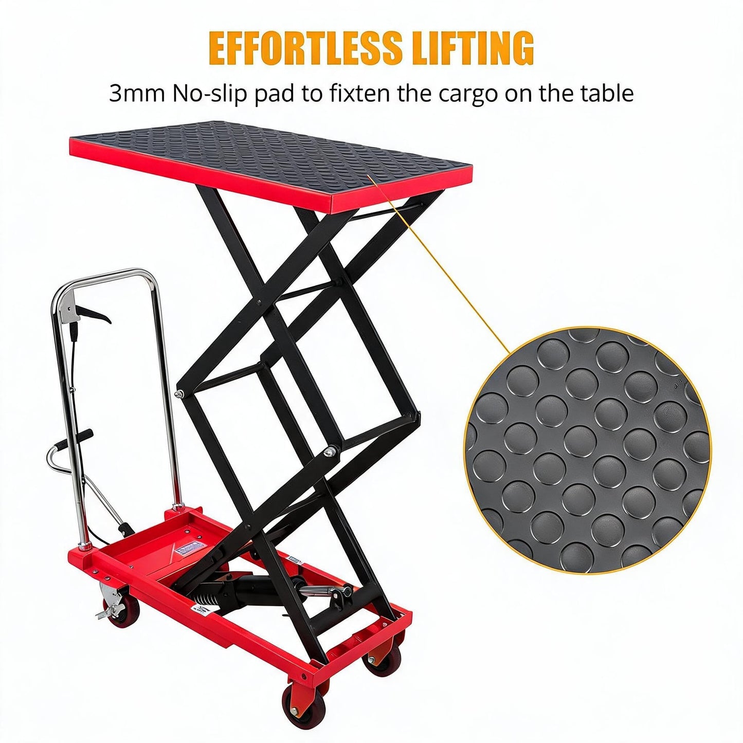 Hydraulic Double Scissor Lift Table Cart, 330 LBS Load Capacity, 50" Adjustable Height, Non-Slip Platform & 4 Universal Wheels, Heavy Duty Lift Table for Material Handling, Red