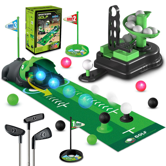 TERRAMUS Upgraded Kids Toy Golf Set, 3 in 1 Golf Toys with Dinosaur Automatic Ball Returner & Ball Launcher Led Light Up Balls, Mini Golf Toy for Ages 3-8, Indoor Outdoor Sports Gift for Boys Girls