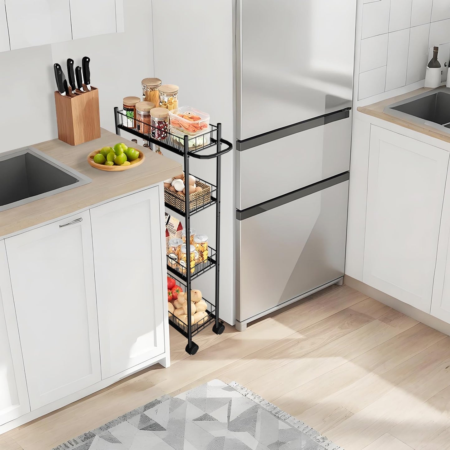 Utility Slim Storage Cart, 4-Tier Storage Cart, Narrow Cart with Handle, 7.1 Inches Deep, Metal Frame, for Kitchen, Dining Room, Living Room, Home Office, Rustic Brown and Classic (4 Tier Black)