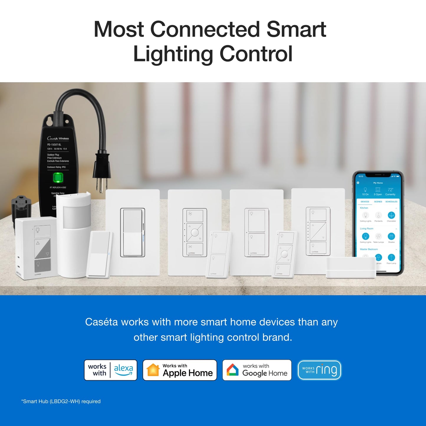 Lutron Caseta Original Smart Dimmer Switch Starter Kit, with Pico Remote, Wall Plate, and Smart Hub, Works with Alexa, Apple Home, and Google Home, 3 Way, 150W, No Neutral Req, P-BDG-PKG1W