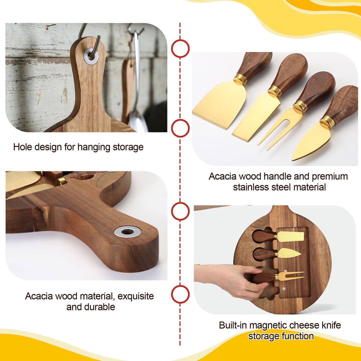 Didaey Acacia Cheese Board and Knife Set Including Stainless Steel Cheese Tools with Slicer and Cutters for Platter Cutting Serving Plate Tray Housewarming Wedding Gift