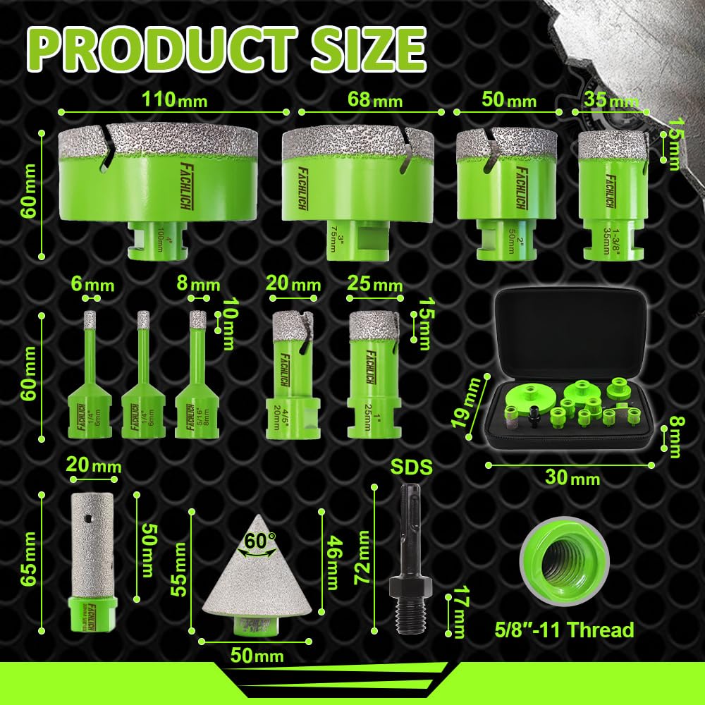 MINLAYCUT Diamond Tile Saw Blade 5" 125mm Cut Off Wheel and FACHLICH Tile Hole Saw Kit - 12pcs Diamond Core Drill Bits Set 1/4" 5/16" 4/5" 1" 1-3/8" 2" 3" 4"