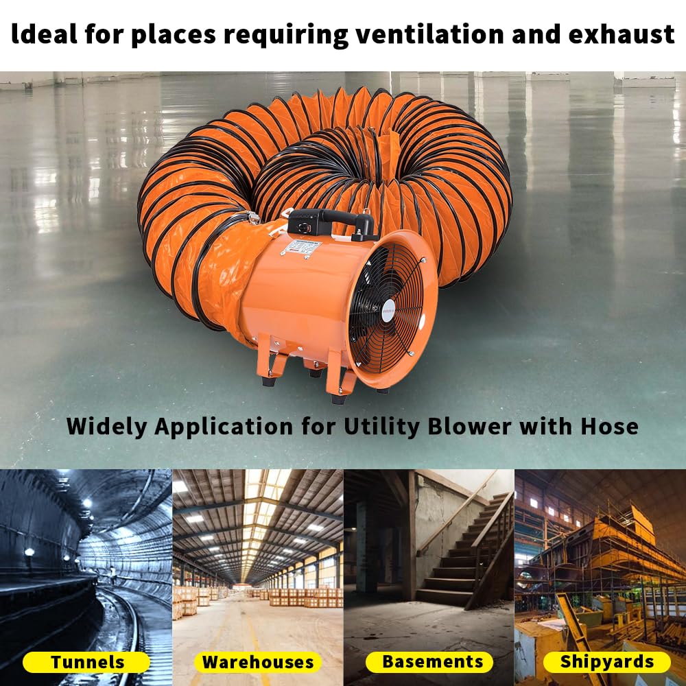 Utility Blower Fan 12 Inch, 550W High Velocity Ventilator with Duct Hose, Low Noise Portable Ventilation Fan, Fume Extractor for Exhausting & Ventilating at Home and Job Site (12IN FAN+16FT HOSE)