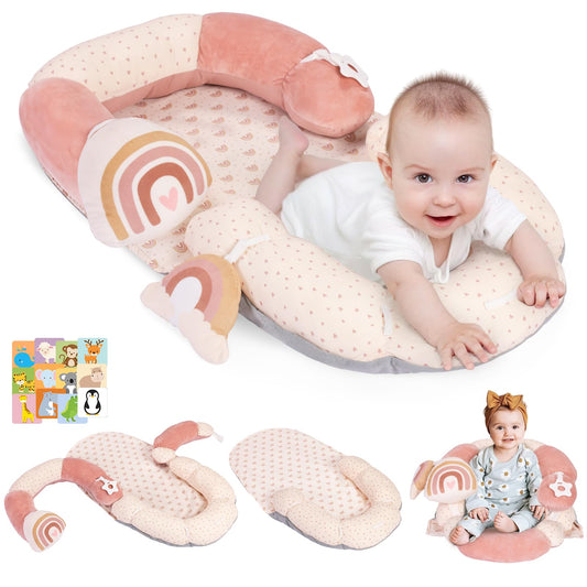 4 in 1 Tummy Time Mat with Educational Cards, Play Mat & Sitting Support for Newborn 0-12 Months, Infant Baby Sit Me Up Floor Seat, Sensory Skills Gifts, Rainbow