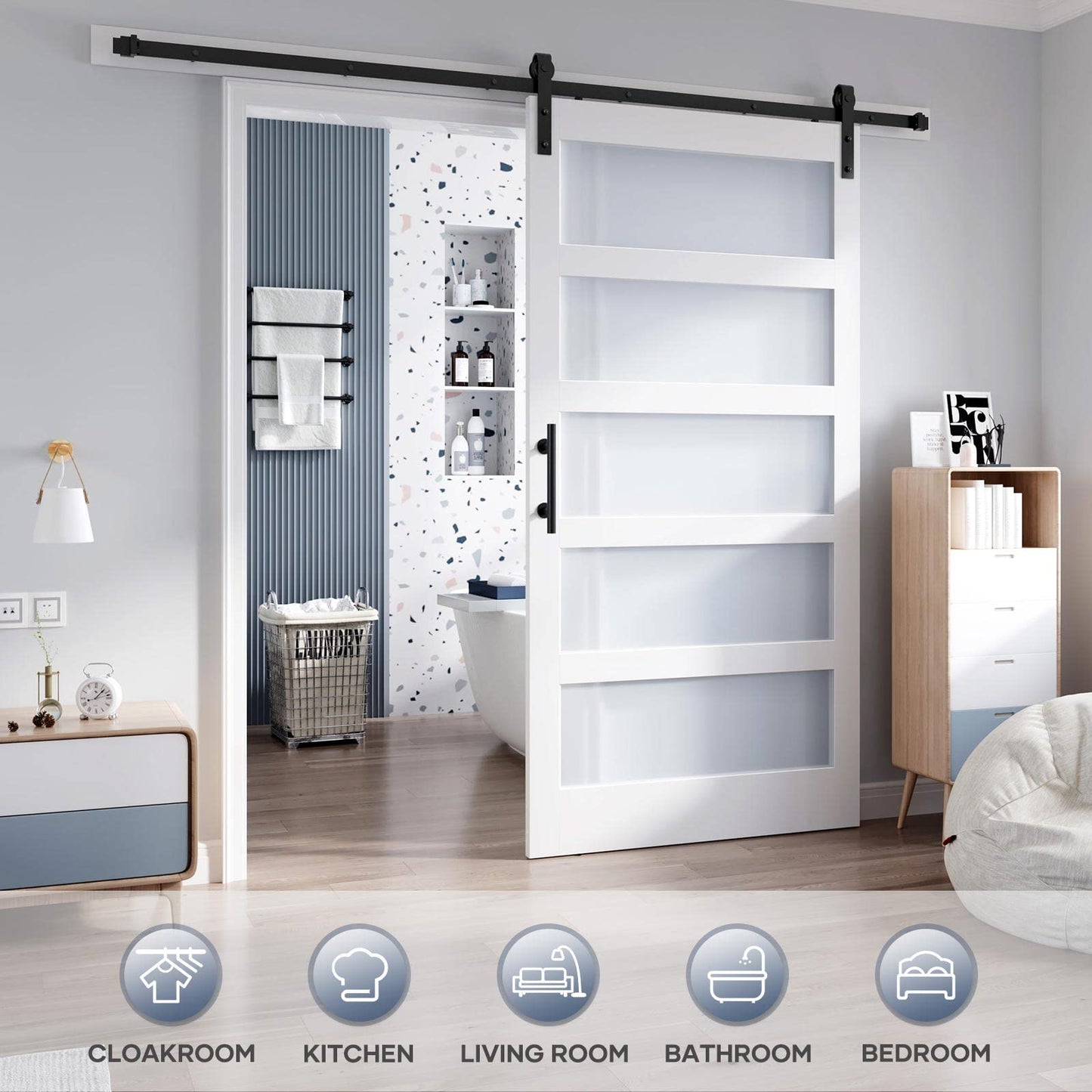 ROYMELO 42x84 Inch Glass Sliding Barn Door Slab and 7ft Hardware Kit Included, 5 Frosted Glass, LVL Wood Panel Covered with White Water-Proof Scratch-Proof PVC Surface, Simple DIY Assembly