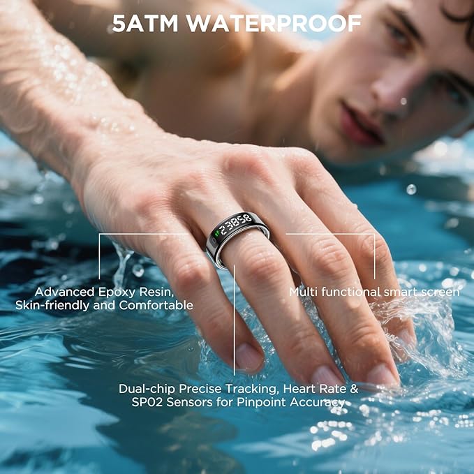 Smart Rings for Men with Display Screen, Fitness Ring with Wireless Charging, Sleep Tracker Ring with Heart Rate, Health Rings for Activity Monitoring/Steps/Calories, for iOS Android (Black,11#)