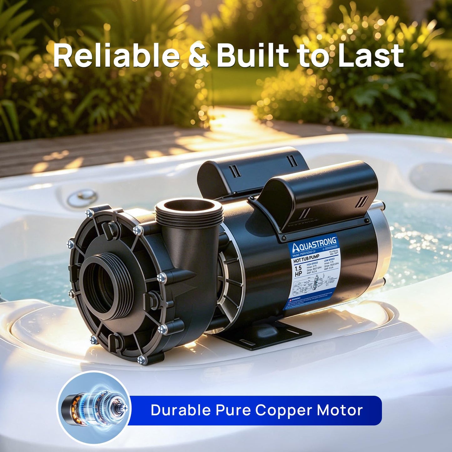 Aquastrong SPA Pump, Dual Speed Hot Tub Pump, Pure Copper Motor, Low Noise, Easy Installation with 1.5" & 2" Adapters, 90° Rotating Inlet & Outlet, Compatible with Hot Tubs & Spa Systems, Grey