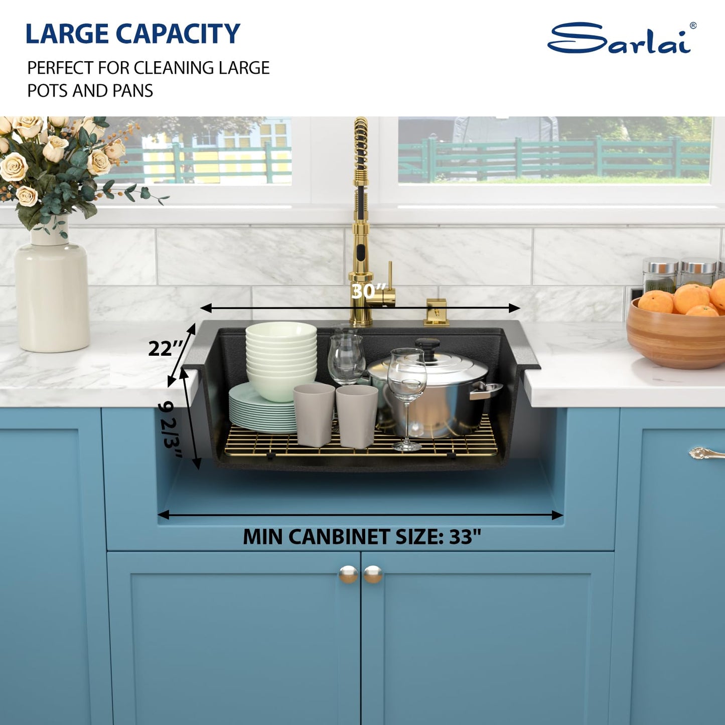 Sarlai 30 Granite Composite Black Kitchen Sink - 30"x22" Drop In Kitchen Sink Ledge Workstation Black Granite Quartz Composite Top-Mount Single Bowl Sinks Basin with Gold Accessories