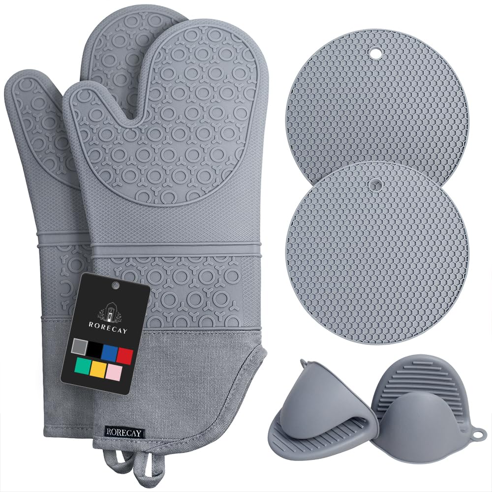 Rorecay 6pcs Oven Mitts and Pot Holders Sets for Kitchen, Extra Long Silicone Oven Gloves High Heat Resistant 500 Degrees Non-Slip Potholders Hot Pads for Baking Cooking, Grey