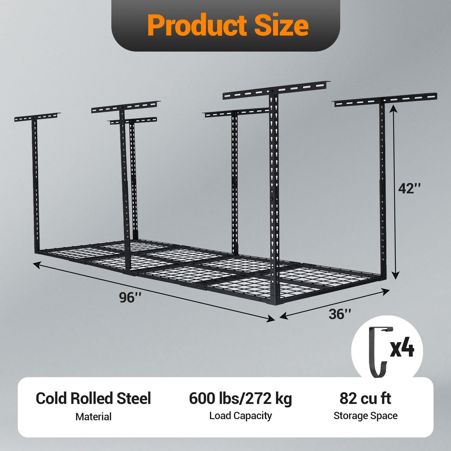 3x8FT Overhead Garage Storage Rack, 600LB Capacity Heavy Duty Ceiling Storage Racks, 22-40" Height Adjustable Metal Organizer System for Seasonal Items & Tools