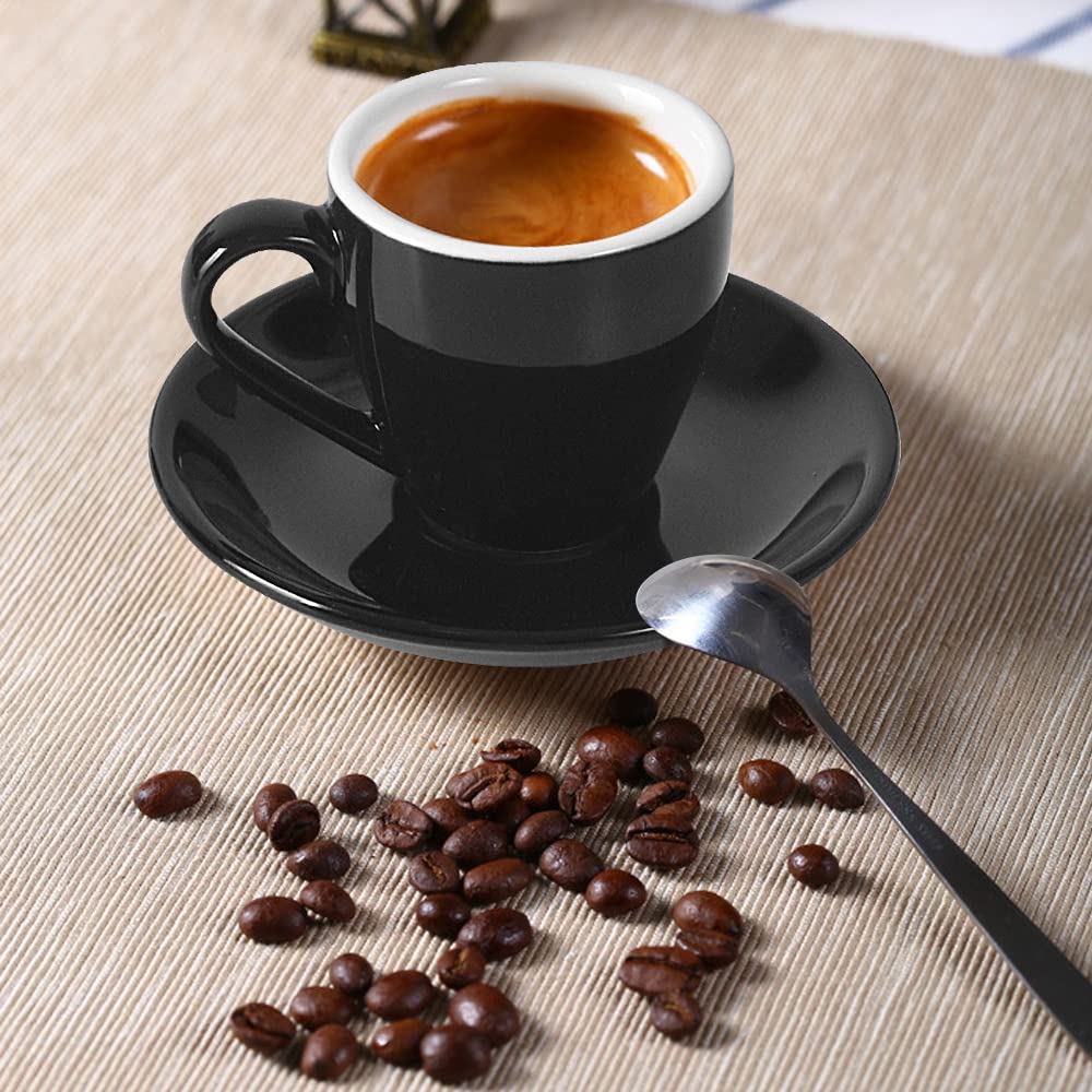 ionEgg Porcelain Espresso Cup with Saucer And Stainless Steel mini Spoons, Espresso shot Cup, 80ml/2.7Oz, Pack of 2, Black
