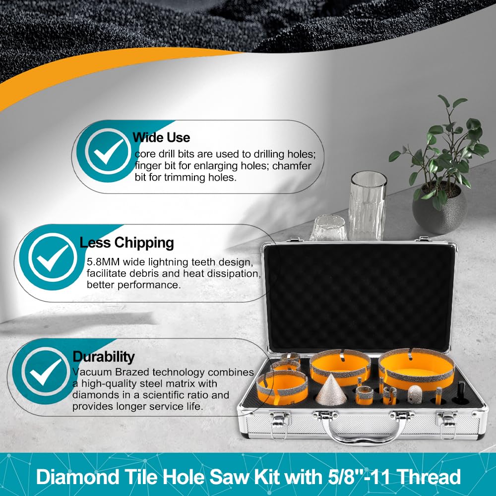 EXFEIN Tile Hole Saw Kit 15pcs - Diamond Core Drill Bits(1/4"-5") + 2pcs 4.5" Tile Blades + SDS Adapter for Ceramic Porcelain Marble