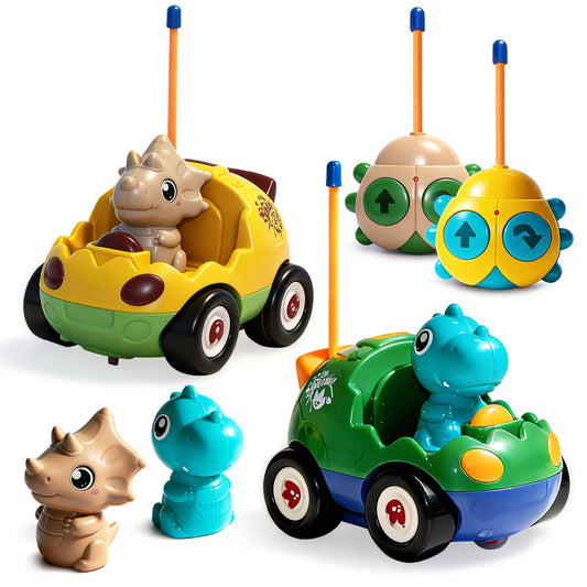 TOPLIVING 2-Pack Remote Control Dinosaur Car Toys for Toddler Ages 18+ Months, 2 3 4 5 Year Old, Dino RC Vehicle with LED Lights, Music, Christmas Birthday Gift for Boys & Girls