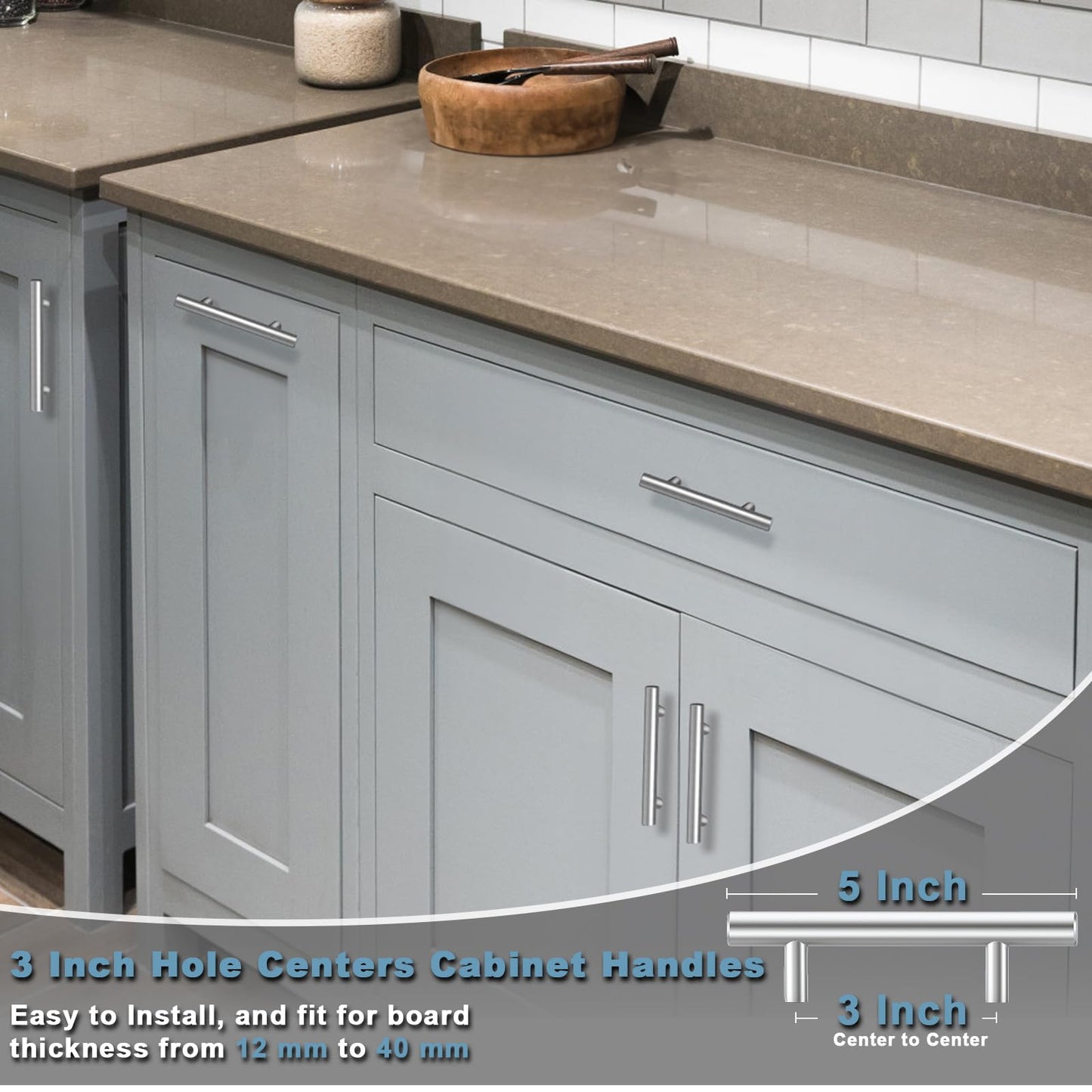 Estmoon 30 Pack Brushed Nickel Cabinet Handles 3 Inch Hole Center Drawer Pulls Stainless Steel Cabinet Pulls Silver Kitchen Handles Cabinet Hardware for Drawers, Cupboards - 5" Length, 3" Hole Center