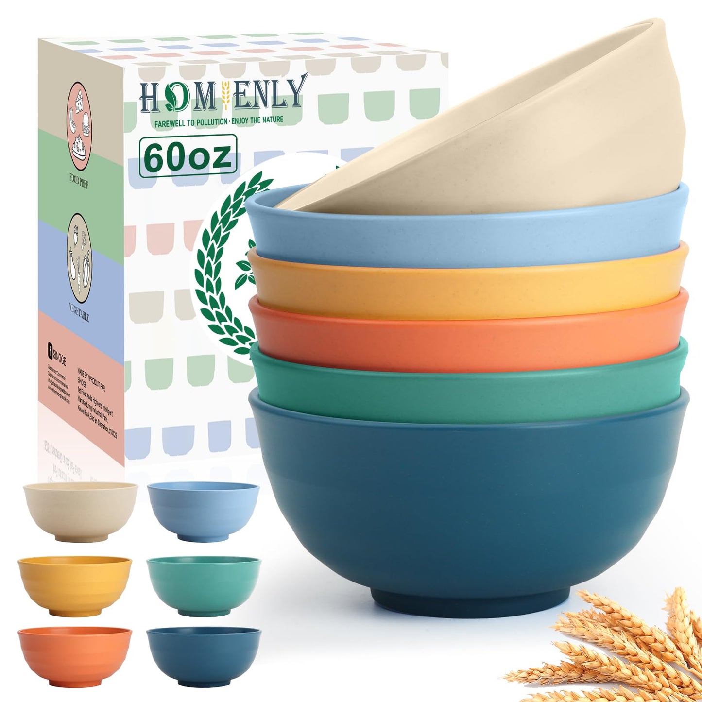 Homienly Unbreakable Large Wheat Straw Bowls 60 OZ Salad Bowls for Kitchen, Party, RV, Lightweight Camping Bowl Set Microwave and Dishwasher Safe Big Popcorn Bowl, Stackable (Multi, 6 PCS)