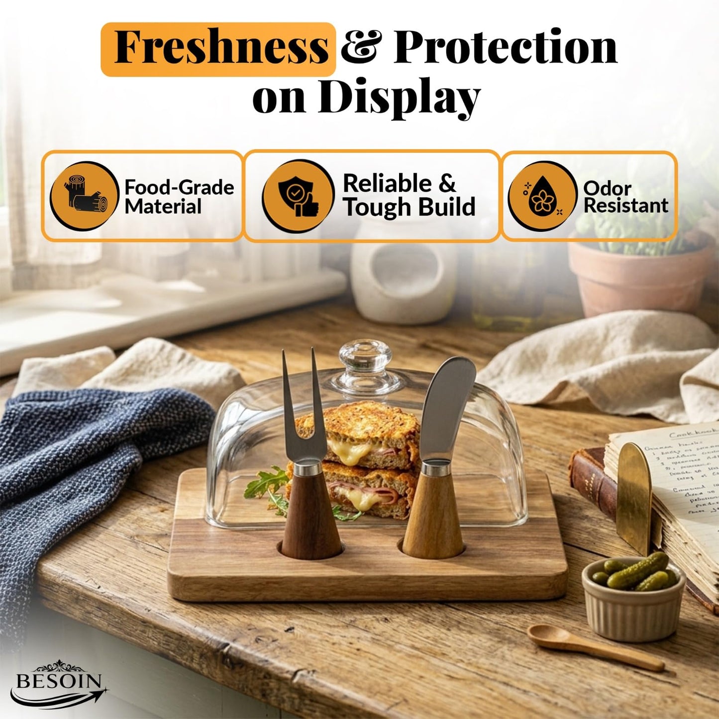Butter Dish with Lid and Knife Set - Elegant Glass Butter Dish for Countertop – Wooden Base Butter Holder - Large Butter Dish with Lid for 8oz Sticks, Cheese, & Fruit