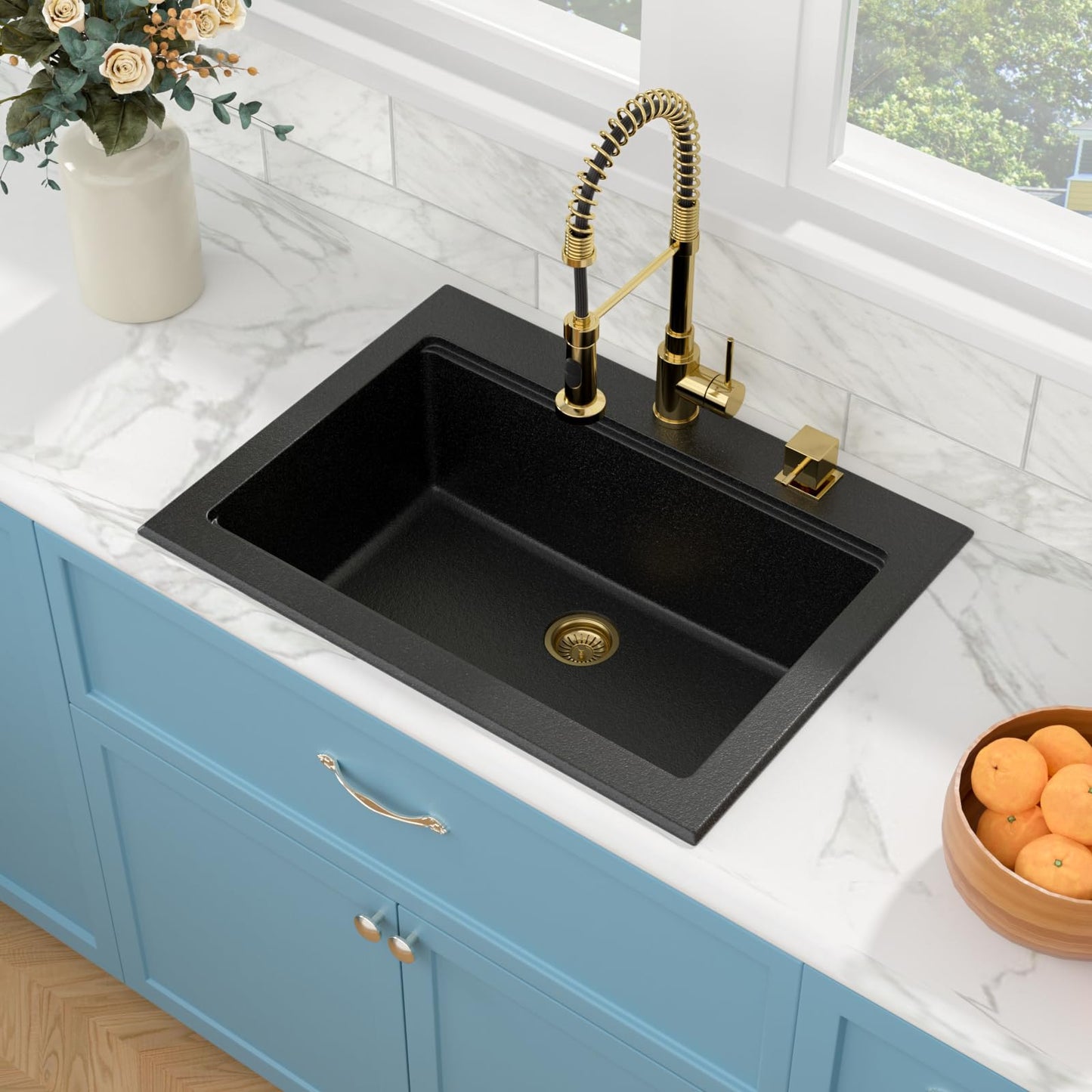 Sarlai 30 Granite Composite Black Kitchen Sink - 30"x22" Drop In Kitchen Sink Ledge Workstation Black Granite Quartz Composite Top-Mount Single Bowl Sinks Basin with Gold Accessories
