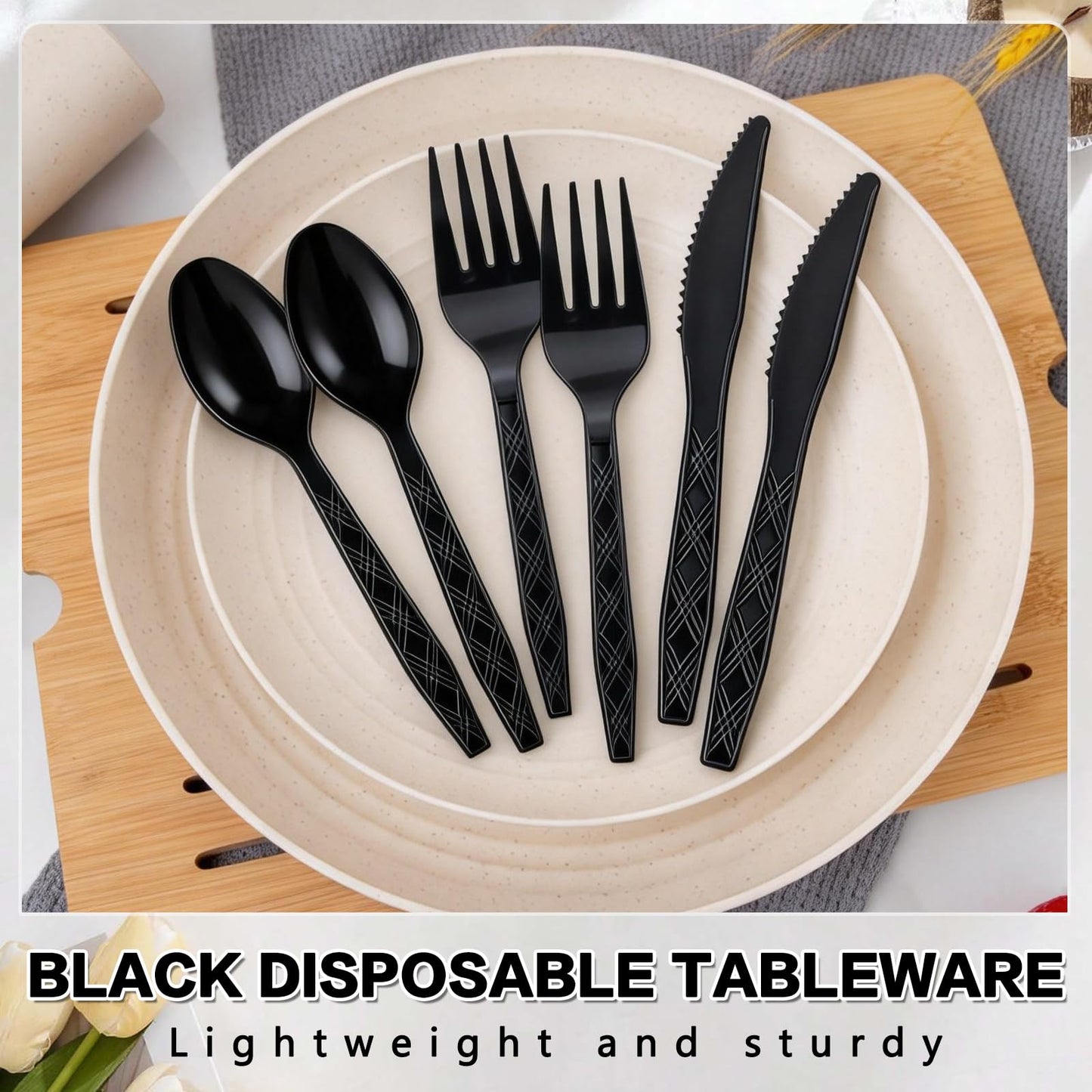 Dualshine 360-Pack Black Plastic Silverware, Disposable Cutlery Set, Plastic Forks and Spoons Knives Utensils Set (120 Each) for Restaurants, Picnics, Catering, Parties, Weddings