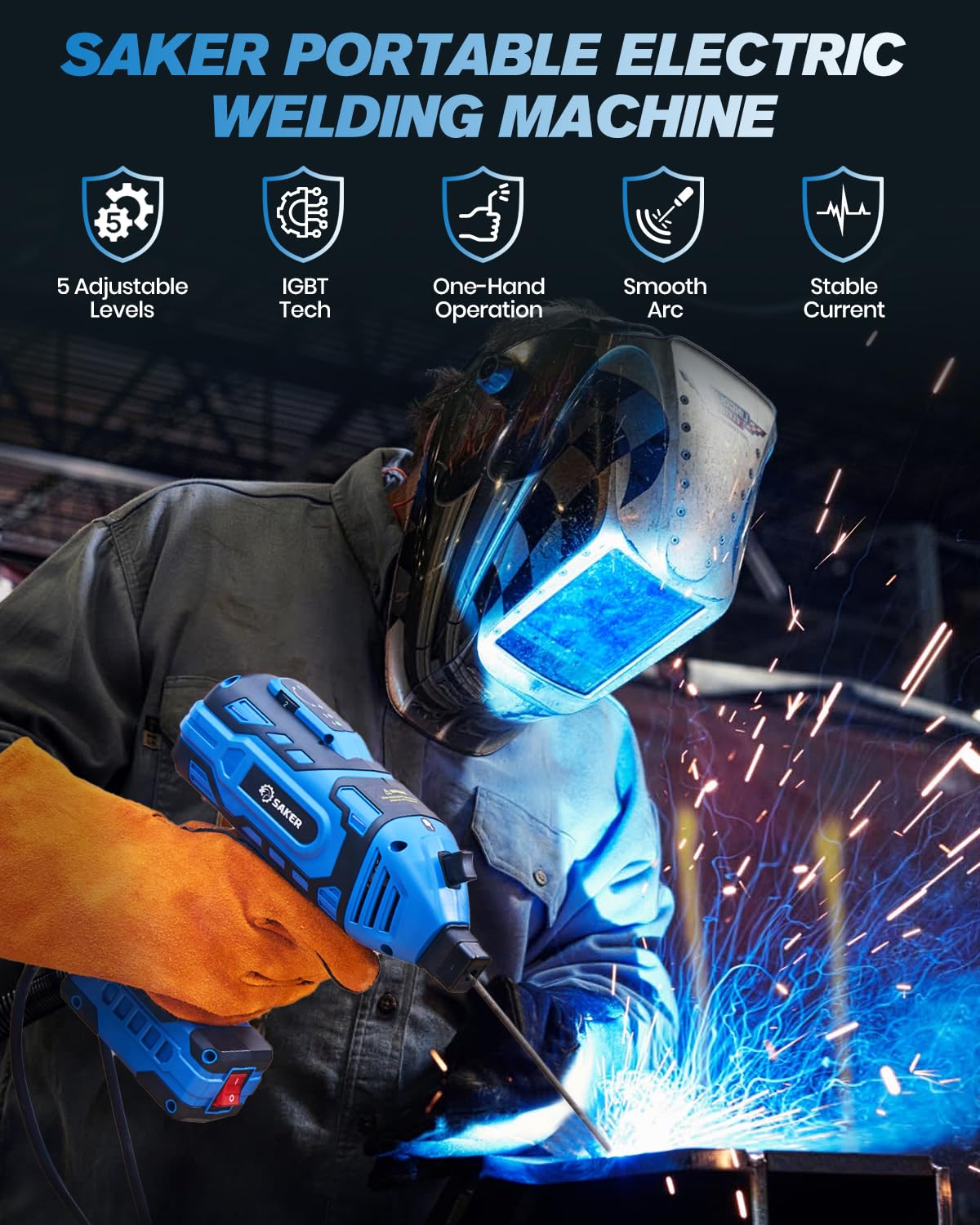 Saker Portable Welding Machine（Blue）- Saker Auto Darkening Welding Helmet with LED Light