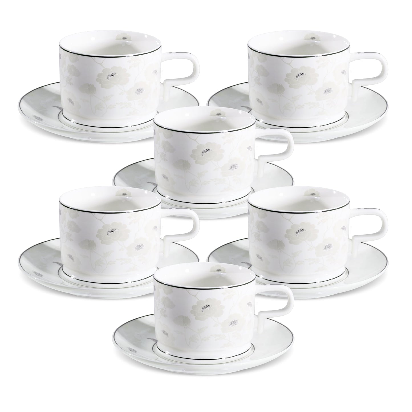 fanquare 7 Ounces Bone China Teacup and Saucer Set for 6, Silver Trimmed Peony Floral Porcelain Coffee Cup with Anti-Slip Design for Home Office Wedding