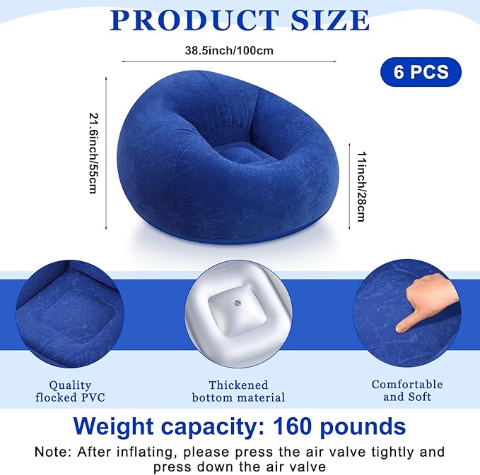 Realspring 6 Pcs Bean Bag Chairs for Adults Inflatable Chairs with Electric Air Pump,Blow up Couch Folding Portable Inflatable Couch Lazy Sofa for Reading Living Room Camping (Dark Blue)
