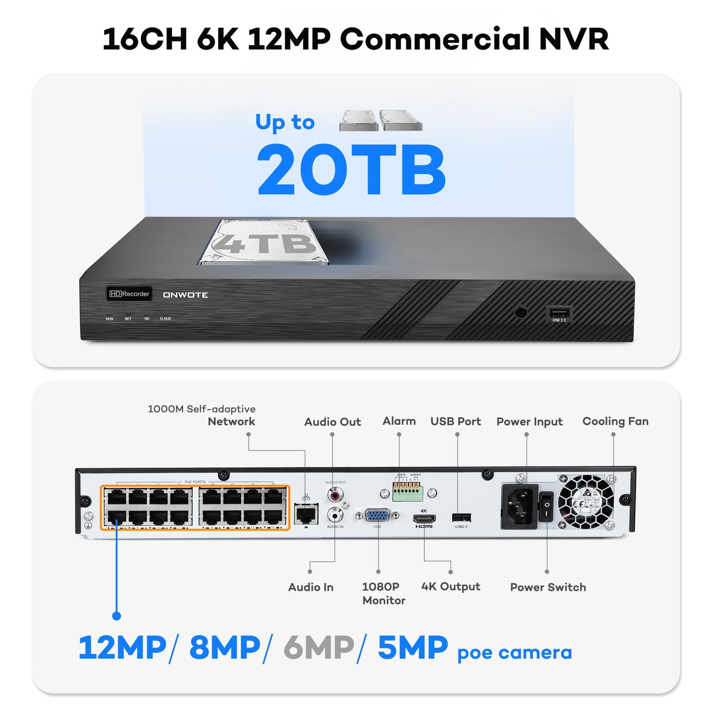 ONWOTE Face Recognition & AcuSearch, 12MP NVR 16 Channel PoE Security Camera System, 12x 6MP Color Night Vision IP Cameras, 4K 6K 16CH Commercial NVR, Total 960ft Cables, Wired CCTV for Business Home