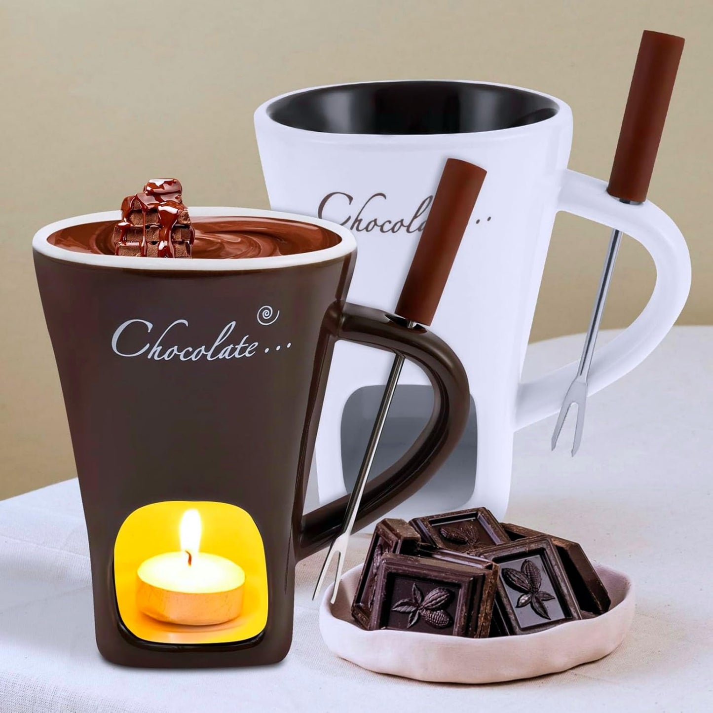 CREHNIL Chocolate Melting Mug Cheese Candy Mini Fondue Pot With Forks (Brown)