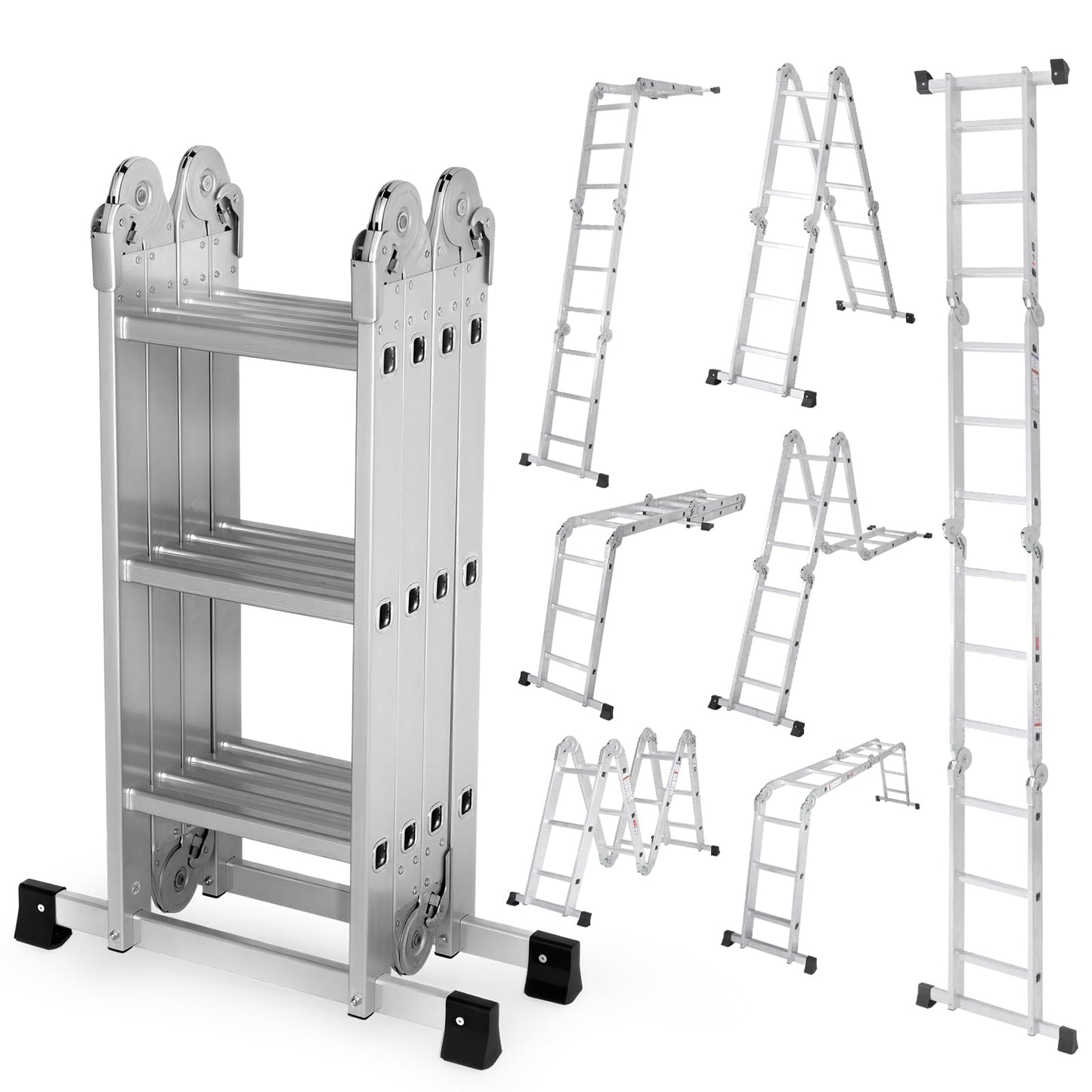 DUMOS Multi-Purpose Folding Ladder, 7 in 1 Aluminium Heavy Duty Collapsible Tall Extension Adjustable Step Ladder for Home Roof RV Work Painting Garage & Outdoor Use