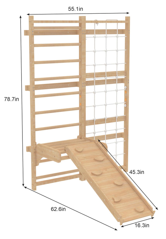 Avenlur Neem 5-in-1 Swedish Ladder Wall Gym with Cargo Wall Climber, Swedish Ladder Swing, Rope Ladder, Adult Pull-Up Bar, and Indoor Slide - Indoor Jungle Gym for Kids and Adult (79")