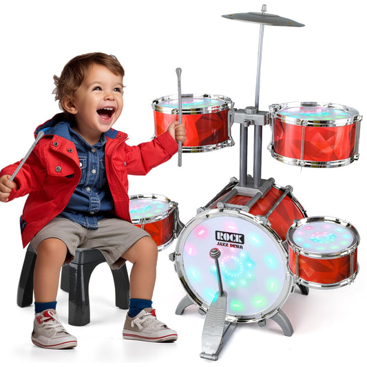 Toddlers Drum Set for Kids 1-3 3-5 with Stool Toys, Higher Bracket of Musical Drum Toys for Toddlers, Red Drumset for Girls Boys 2-4 4-6 Years