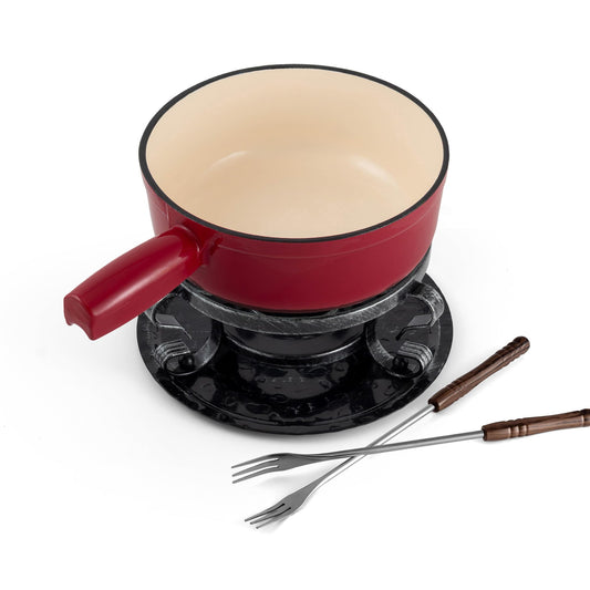 Swissmar Lugano Cast Iron Cheese Fondue Set, 9-Piece, 2 QT / 2 L - Ideal for Melting Cheese, Chocolates, Caramel, & More - Perfect for Kitchen Collection & Gift Giving - Cherry Red