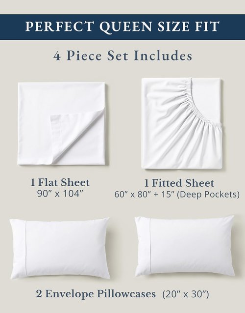 Lane Linen Eco-Friendly 100% Organic Cotton Queen Sheet Set - Soft, Comfy & Naturally Cooling | 15" Deep Pocket - White