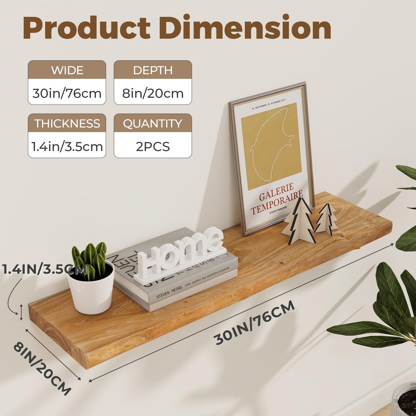 Axeman 30 inch Floating Shelves for Wall - 8'' D Live Edge Rustic Solid Elm Wood Floating Shelves Wall Mounted, Wall Shelves with Invisible Bracket for Living Room Bedroom Kitchen, Set of 2 Natural