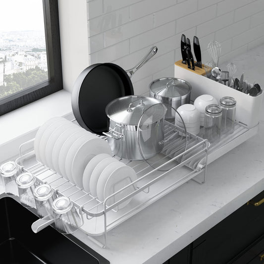 Kitsure Large Dish Drying Rack - Extendable Dish Rack, Multifunctional Dish Rack for Kitchen Counter, Anti-Rust Dish Drainers with Cutlery & Cup Holders 19.2"-26.7" L x 12.9" W, White