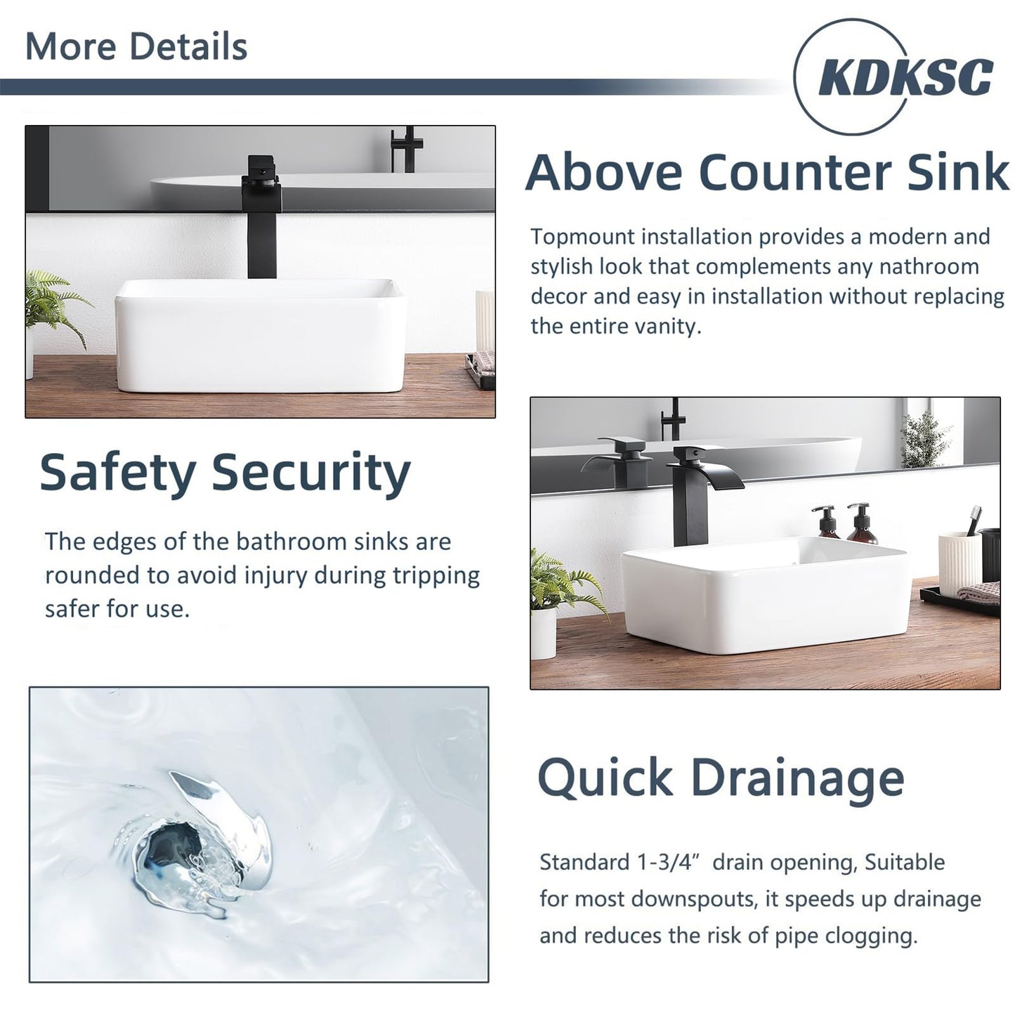 KDKSC Vessel Sink 16"x12" Rectangular White 16 Inch Bathroom Sink Porcelain Ceramic Modern Above Counter Bathroom Sinks