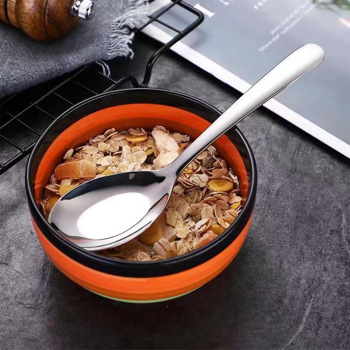 MIUPOO Thickened Stainless Steel Soup Spoons, Asian Chinese Japanese Flat Soup Spoons Large for for Ramen Noodles Bowl Table Serving, Silver, 1.7×7Inches, 4 Pieces