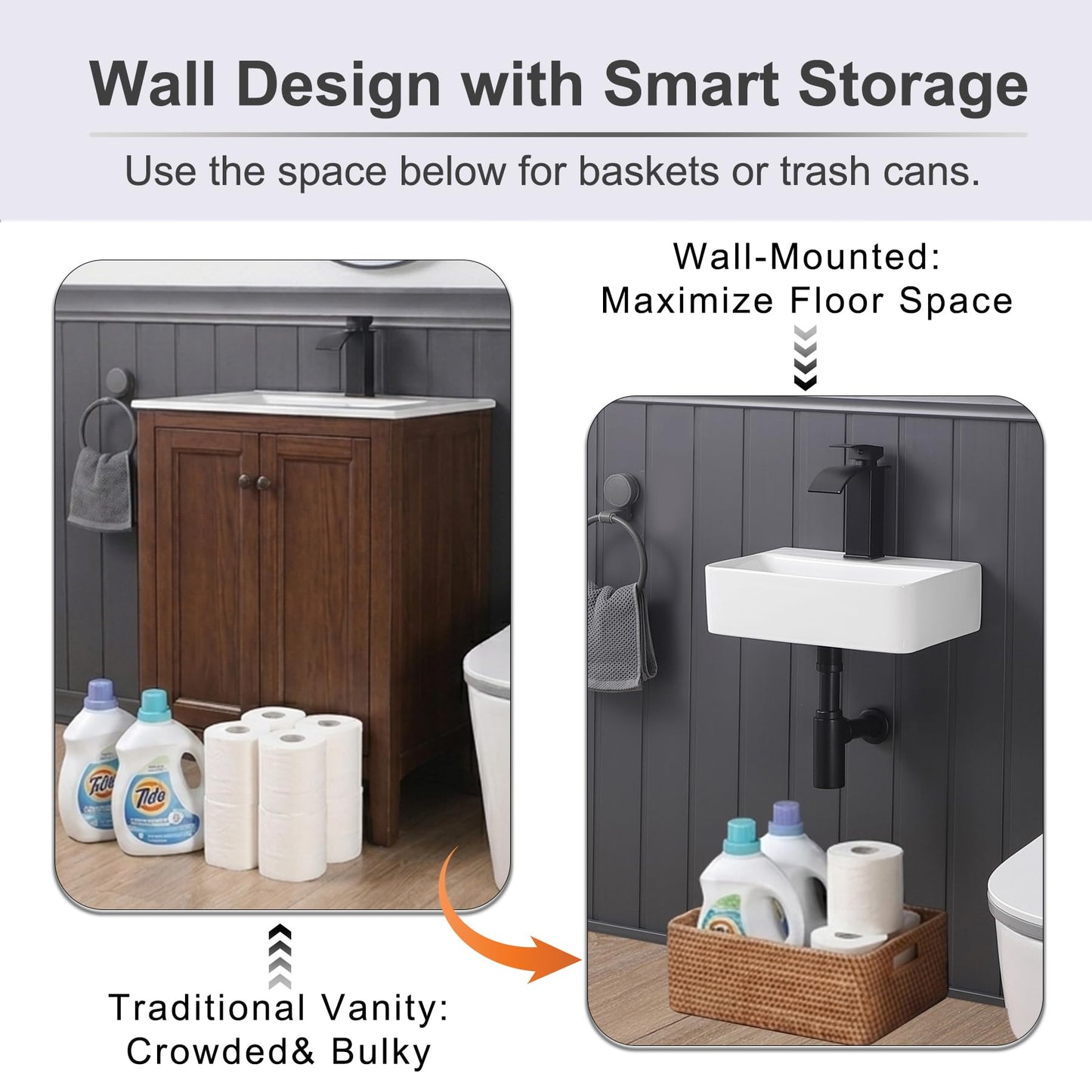 DEHOMEN Compact Wall Mount Bathroom Sink 14-inch Small Rectangular Wall Hung Floating Vessel Basin Classic Lavatory for Tiny Bathroom Vanity,White