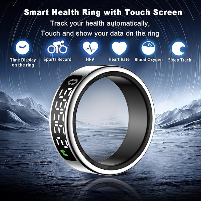 Smart Health Ring with Screen,for Women Men Fitness Tracker Heart Rate, Blood Oxygen, HRV, Sleep Monitoring, Step Counting, IP68 for iPhone and Android, No Subscription Fee (Silver, 10#)