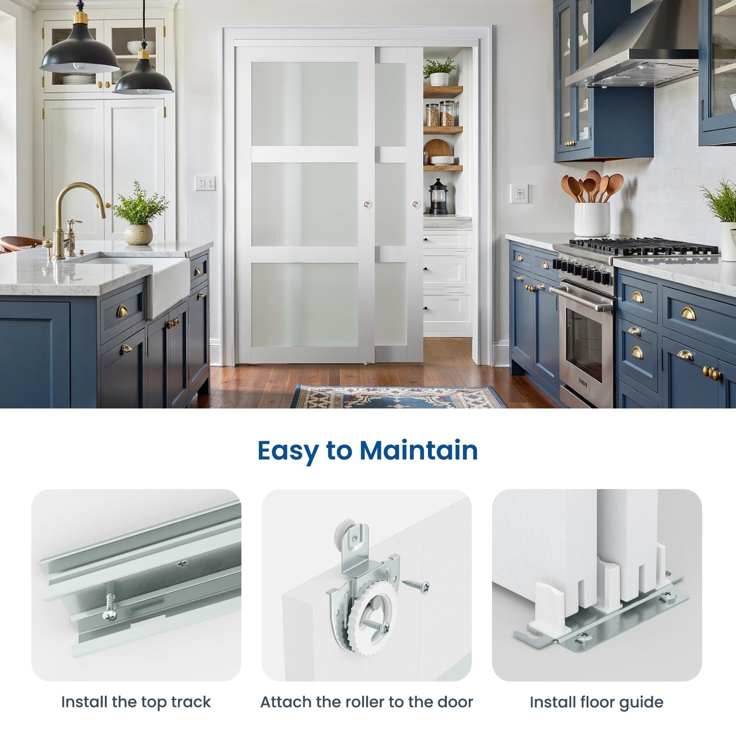 COSHOMER Sliding Closet Door for 64" x 80" Opening, 3-Lite Frosted Glass MDF Barn Door with Hardware Kit Set, Door Panels Need to Assemble, White