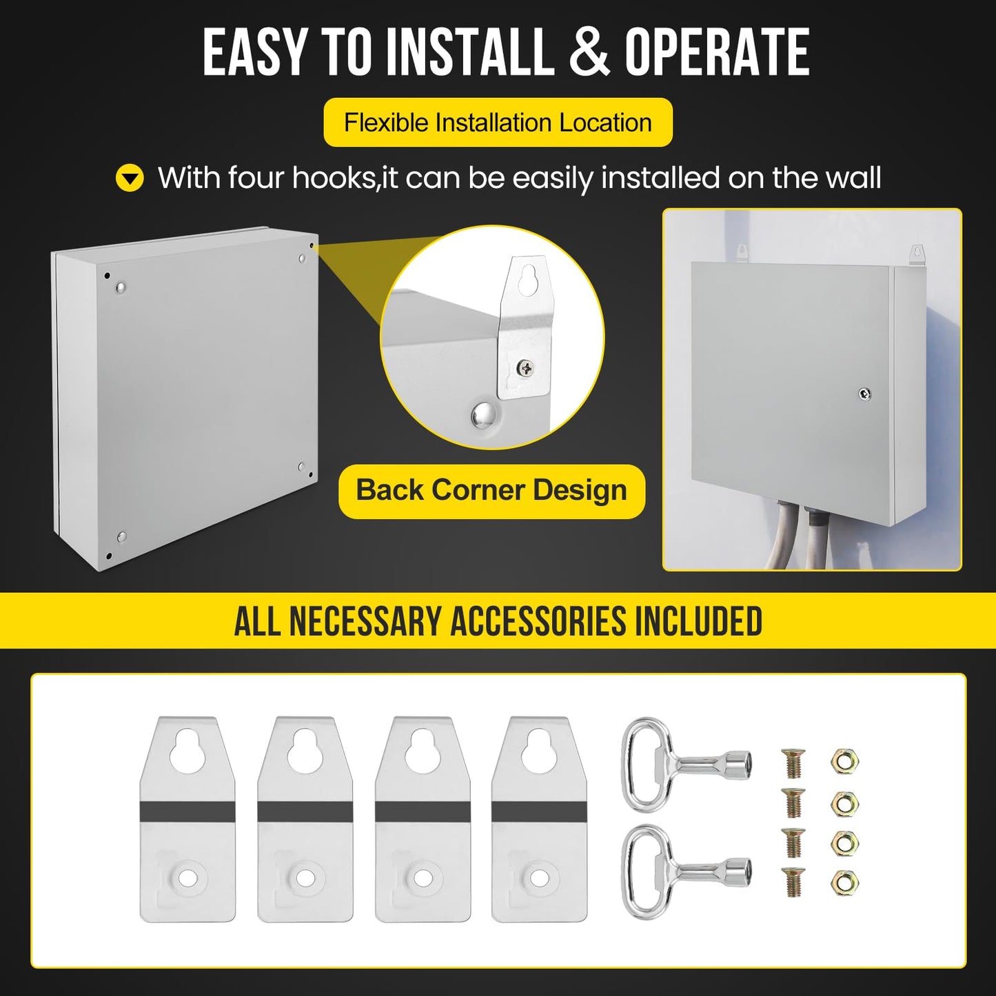 24x24x8 Electrical Enclosure, NEMA 4 Outdoor Enclosure, IP66 Waterproof & Dustproof Cold-Rolled Carbon Steel Hinged Junction Box for Outdoor Indoor Use
